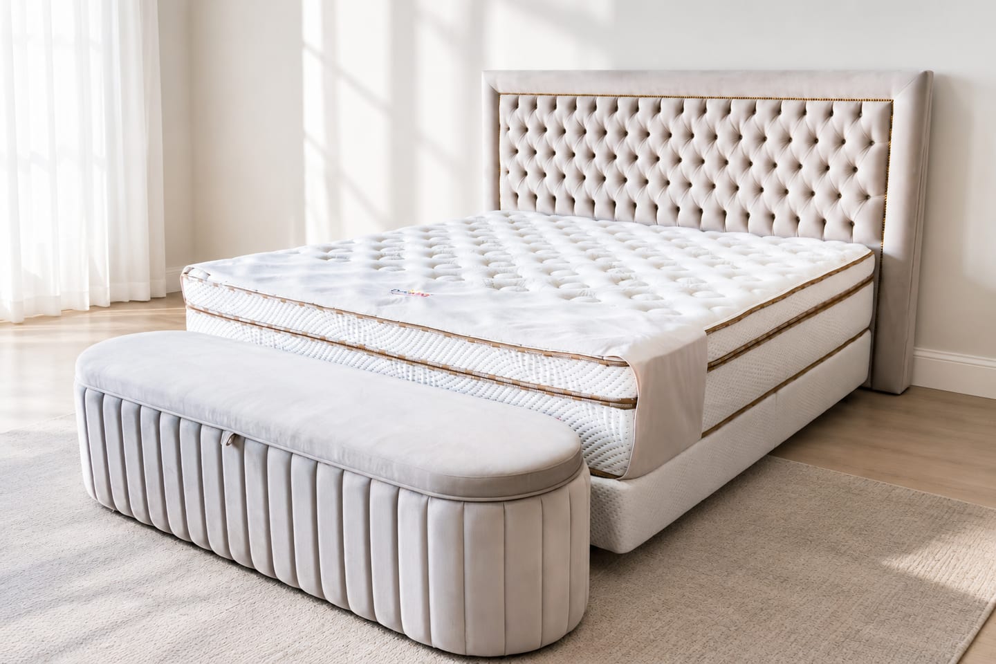 Cama da linha Diamante com cabeceira capitonê bege, colchão branco com faixas douradas e recamier estofado, em quarto claro