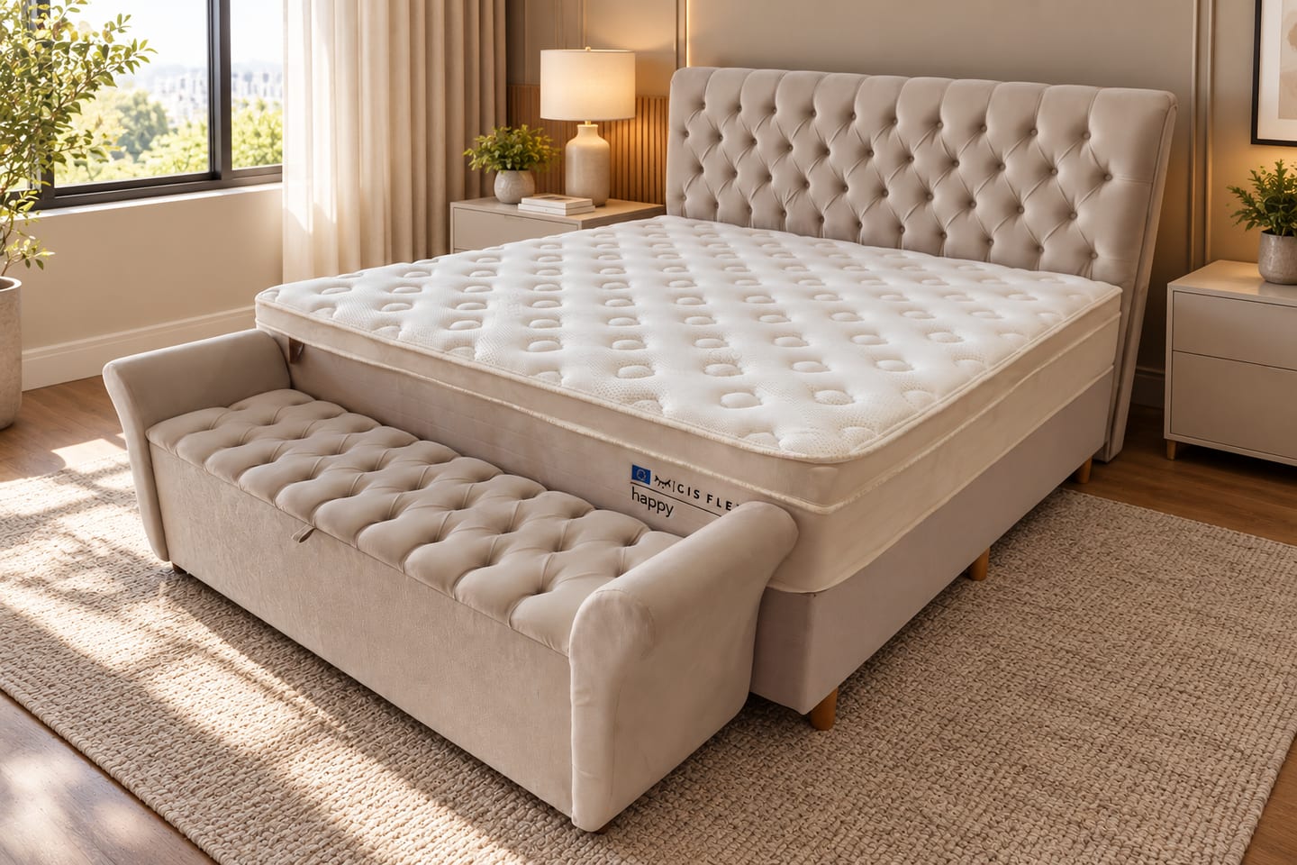 Colchão CIS Flex da linha Ouro com pillow top branco, cabeceira capitonê e recamier capitonê bege, sobre tapete em quarto claro