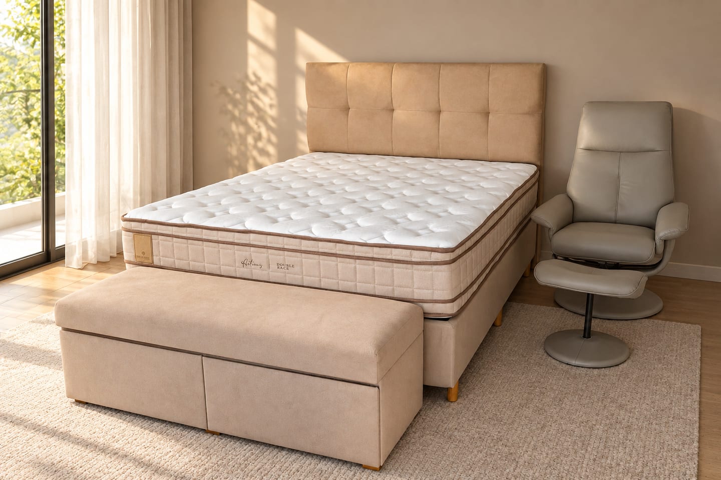 Colchão da linha Prata com tampo branco e lateral bege, cabeceira em quadros e recamier bege, em quarto iluminado
